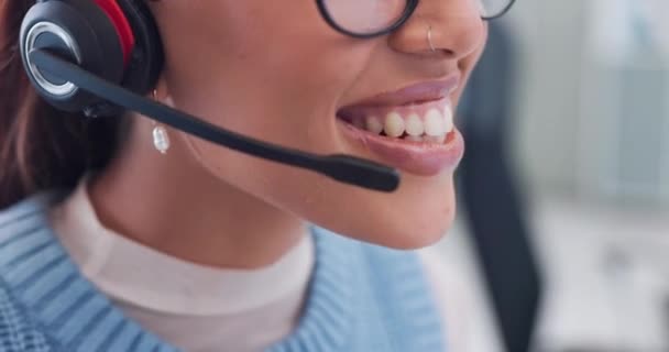 Usta Słuchawki Kobieta Call Center Konsultant Biurze Konsultacje Commerce Online — Wideo stockowe