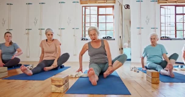 Fitness Yoga Och Mogna Kvinnor Stretching Klassen För Välbefinnande Frisk — Stockvideo
