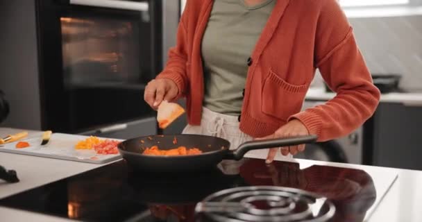 Woman Hands Cooking Pan Kitchen Healthy Recipe Carrots Lunch Vegetables — Stock Video