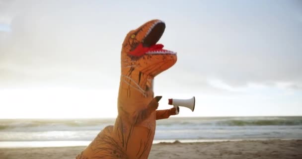 Dinozaur Kostium Spacery Dla Zabawy Plaży Megafon Zewnątrz Energia Głośnik — Wideo stockowe