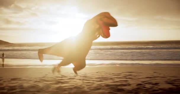 Пляж Надувной Костюм Костюм Динозавра Падение Комикс Океан Восходе Солнца — стоковое видео
