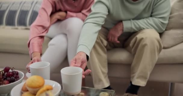 老年人 夫妇和放松与咖啡沙发上的结合 退休和在客厅的对话 老年人 沙发上欢呼声 晨间休息 — 图库视频影像