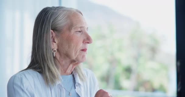 Senior Mulher Pensamento Memória Por Janela Com Ideias Decisão Escolha — Vídeo de Stock