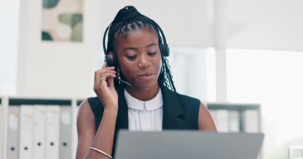 Rozmowy Laptop Lub Czarna Kobieta Call Center Obsługi Klienta Wsparcia — Wideo stockowe