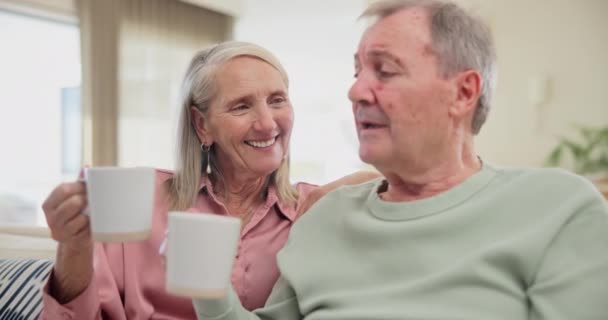 Senior Par Jubel Med Kaffe Sofaen Til Limning Pensionering Samtale – Stock-video