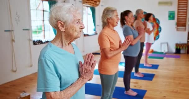Donna Anziana Pilates Lezione Yoga Con Mani Preghiera Zen Benessere — Video Stock