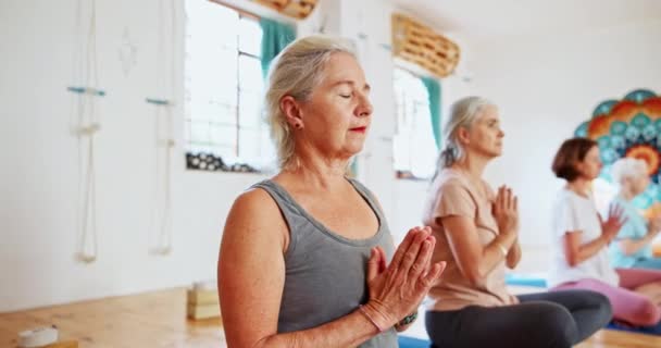 老年妇女 静坐和瑜伽课 双手祈祷精神健康 禅定或内心安宁 老年人 人或瑜珈者以莲花姿势冥想 以获得健康 意识或缓解压力 — 图库视频影像
