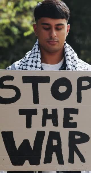 Портрет Протест Человек Знаком Войны Израиля Конфликта Остановки Кризиса Газе — стоковое видео