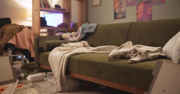 Kirli Çöp Dağınık Oturma Odası Kanepe Fast Food Pizzası Sağlıksız — Stok video