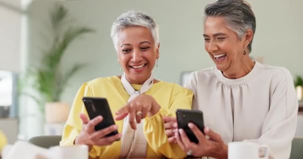 Samtale Senior Kvinner Med Smarttelefon Morsomt Innlegg Varsling Tilkobling Smil – stockvideo
