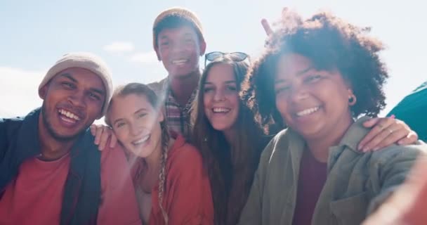 Amis Camping Selfie Avec Sourire Visage Groupe Pour Diversité Dans — Video