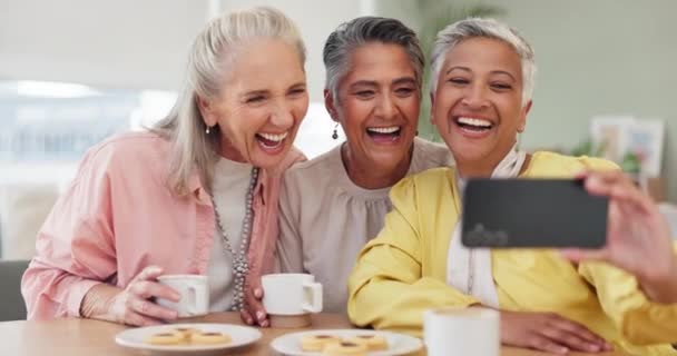 Senior Women Selfie Laugh Coffee Smile Picture Memory Tea Party — Stock Video