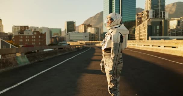 Espace Voyage Astronaute Ville Avec Rue Future Dystopie Planète Découvrir — Video