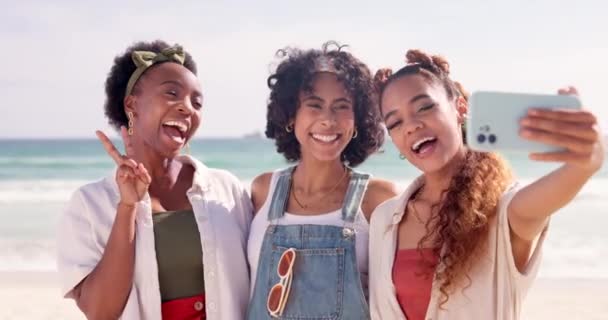 Freunde Frauen Und Selfie Strand Mit Reisen Spaß Freien Und — Stockvideo