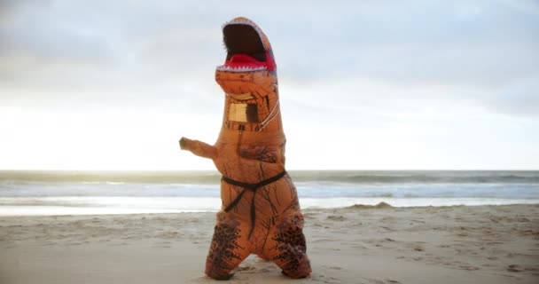 Ranta Karate Aikuinen Dinosaurus Puku Hiekalla Meressä Tai Merellä Kuntoa — kuvapankkivideo