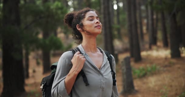 Αναπνεύστε Χαλαρώστε Γυναίκα Πεζοπορία Στο Δάσος Δάση Φύση Για Ηρεμία — Αρχείο Βίντεο