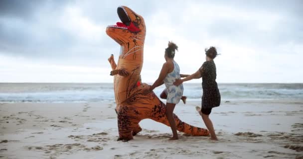 Comedia Gente Dinosaurio Con Disfraz Para Bailar Playa Océano Felicidad — Vídeo de stock