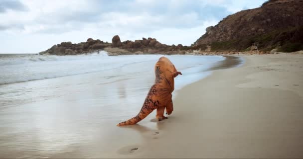 Kostium Bieganie Lub Plaża Jako Zabawa Humor Lub Prehistoryczna Komedia — Wideo stockowe
