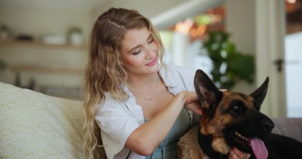 Kärlek Avkoppling Och Kvinna Soffan Med Hund För Sällskap Engagemang — Stockvideo