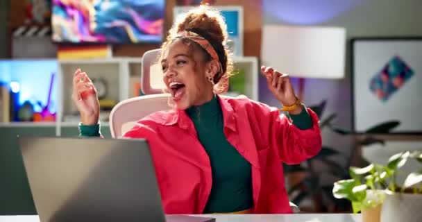 Winner Business Woman Dancing Celebration Laptop Web Design Promotion Success — Stock Video