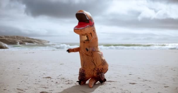 Koominen Hauska Dinosaurus Puku Rannalla Tanssia Energiaa Komedia Vitsi Lomamatkalla — kuvapankkivideo