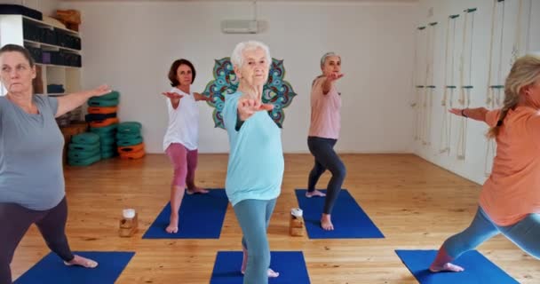 Femeie Vârstă Yoga Stretching Clasă Pilates Pentru Zen Sănătate Spirituală — Videoclip de stoc