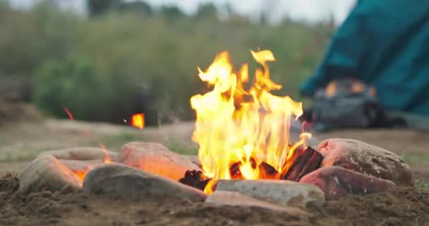 Bois Feu Plein Air Camping Avec Tente Avec Chaleur Flammes — Video