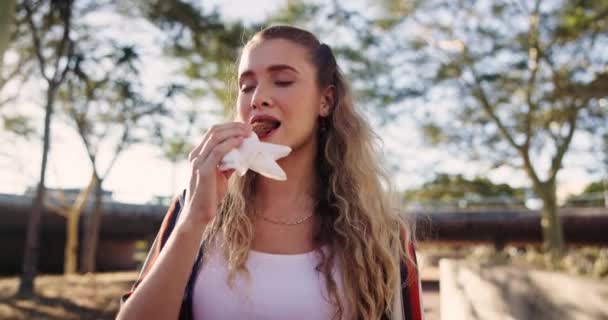 Postre Mujer Comer Churros Comida Merienda Aire Libre Parque Naturaleza — Vídeo de stock