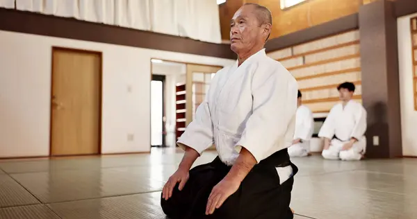 Sensei, Japanese and students in dojo for aikido tradition or respect for exercise, black belt or self discipline. Male people, fighting education in Tokyo as professional battle, athlete or safety.