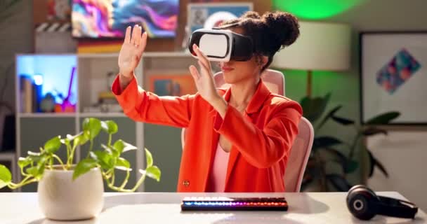 Touch Virtual Reality Vrouw Met Headset Nachts Voor Cyberwereld Metaverse — Stockvideo