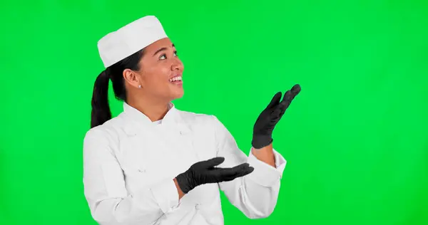 Green Screen Happy Woman Chef Hand Pointing Checklist Menu Offer — Stock Photo, Image