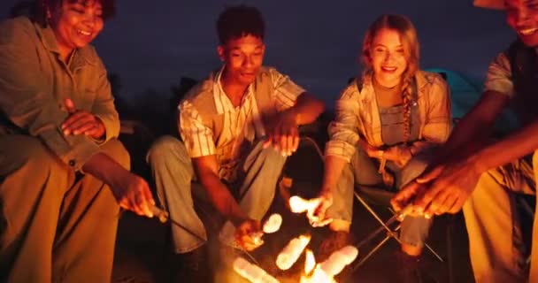 キャンプやローストの匂い ボンファイア 夜の旅行冒険 グループ マシュマロとスナック ボンディング 幸せと休暇や旅行のための自然の中で屋外でリラックス — ストック動画