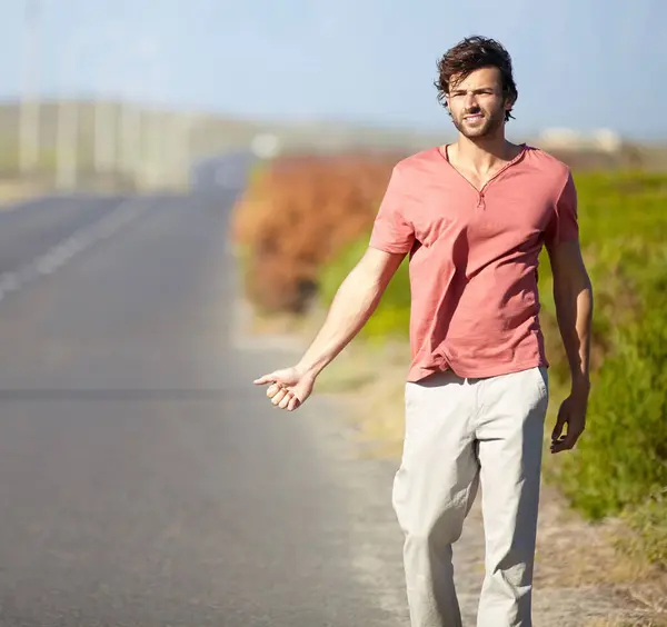 Man Hitch Hiking Road Travel Journey Adventure Countryside Male Person — Stock Photo, Image