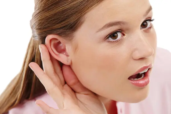 Female Person Ear Listening Gossip Rumour Gesture Spy Hear Serious Stock Image
