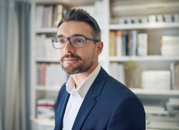 stock image Thinking, freelancer and business man in home office for inspiration, idea or future goals. Professional, thoughtful and male consultant for decision, opportunity or company profit in workplace.