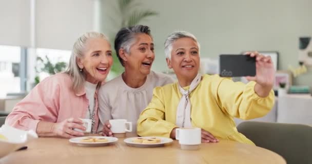 セルフィー シニアの女性 コーヒーと友人 ティーパーティーの記憶のための笑顔や絵 高齢者と一緒にビデオ通話 リラックスしたり 食べたり 愛したり 自宅でブランチしたり — ストック動画