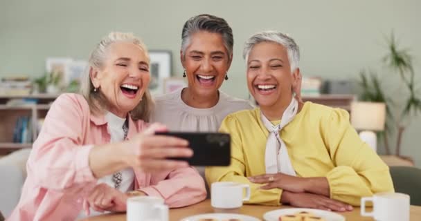 老年女性与和平签署重逢 微笑或照片以纪念茶会 愚蠢的或年老的公民一起打电话 放松或吃早午餐 爱或在家里 — 图库视频影像