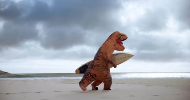 Traje Tabla Surf Aire Libre Dinosaurios Playa Para Deportes Acuáticos — Vídeos de Stock