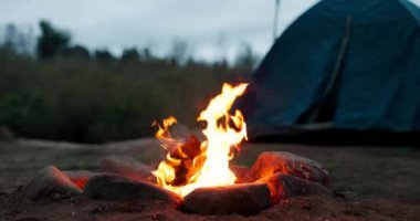 Şenlik ateşi, kayalar ve alevler ya da BBC, ışık ve macera için ormanda kamp ile yakın çekim. Kamp ateşi, yanan ateş ve mangal kömürü, sıcak ve doğada hayatta kalmak için yemek pişirmek..