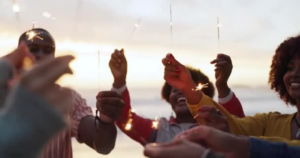 Gente Chispas Celebración Playa Con Puesta Sol Alegría Diversión Para — Vídeo de stock