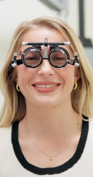 Optometry Eye Exam Face Woman Trial Frame Glasses Prescription Lens — Stock Video