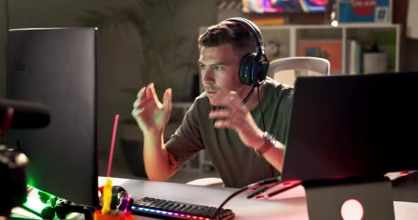 Gamer Perder Homem Frustrado Com Fones Ouvido Podcast Cansado Burnout — Vídeo de Stock