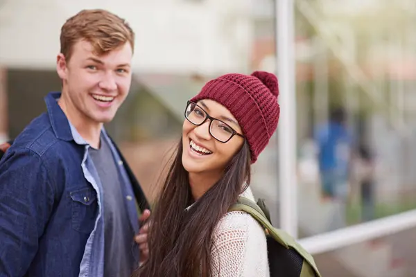 Portrait, students and university with couple, campus and smile with education and learning with sunshine. Funny, face and man with woman or happiness with college and knowledge with studying or love.