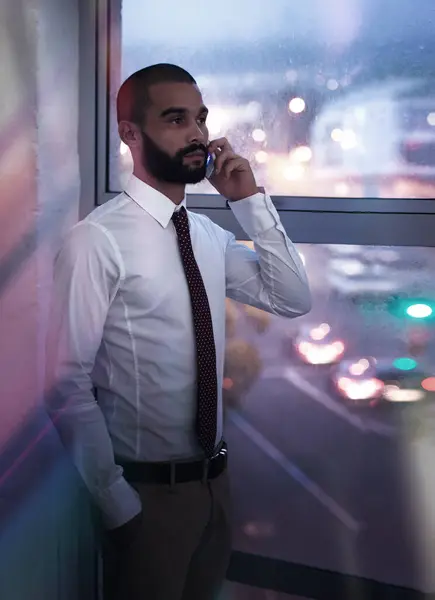 Phone Call Night Businessman Office City Employee Corporate Company Bookkeeper — Stock Photo, Image