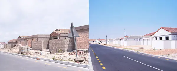 Community development, before and after of houses in small town for property management. Construction, maintenance and foundation for building, real estate improvement in society growth for project