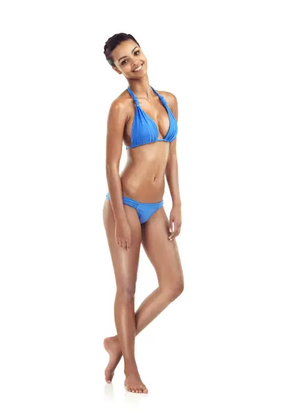 Frau Bikini Und Porträt Mit Körperbewusstsein Fitness Und Sommerlichem Badeanzug — Stockfoto