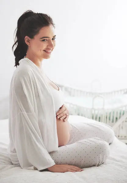 Pregnant, woman or smile in bed, maternity or dream of health, wellness or vision of peace in home. Pregnancy, mama or thinking of rest to imagine, future or motherhood as idea of maternal comfort.