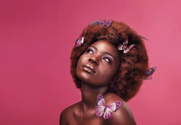 Schönheit Kosmetik Und Schwarze Frau Mit Schmetterlingen Atelier Mit Kreativität — Stockfoto