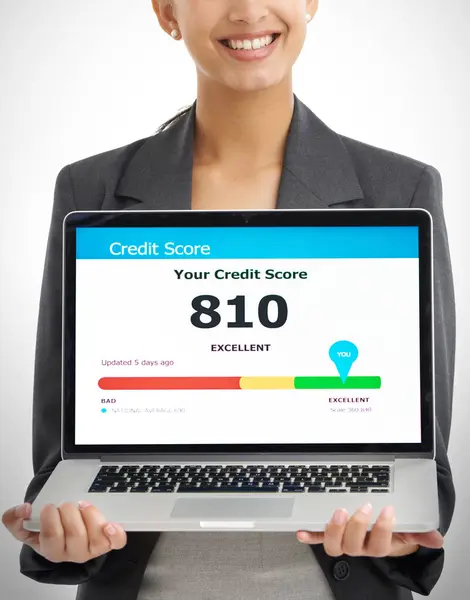 Woman Screen Laptop Loan Application Studio Savings Budget Information Internet — Stock Photo, Image