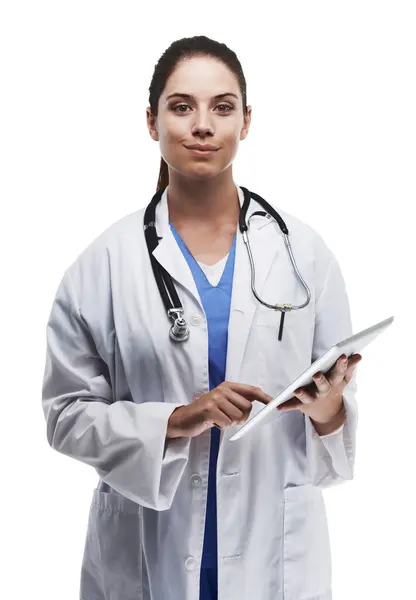 Tabletka Lekarz Portret Kobiety Białym Tle Dla Medycznej Strony Internetowej — Zdjęcie stockowe